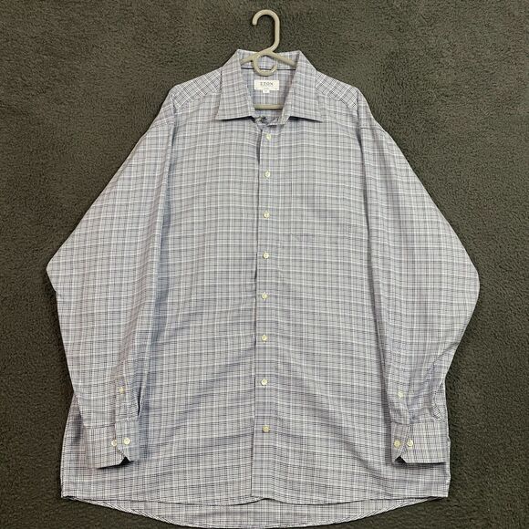 Eton Dress Shirt Mens 19.5 Blue Houndstooth Classic Fit Spread Collar Button Up - Picture 1 of 12